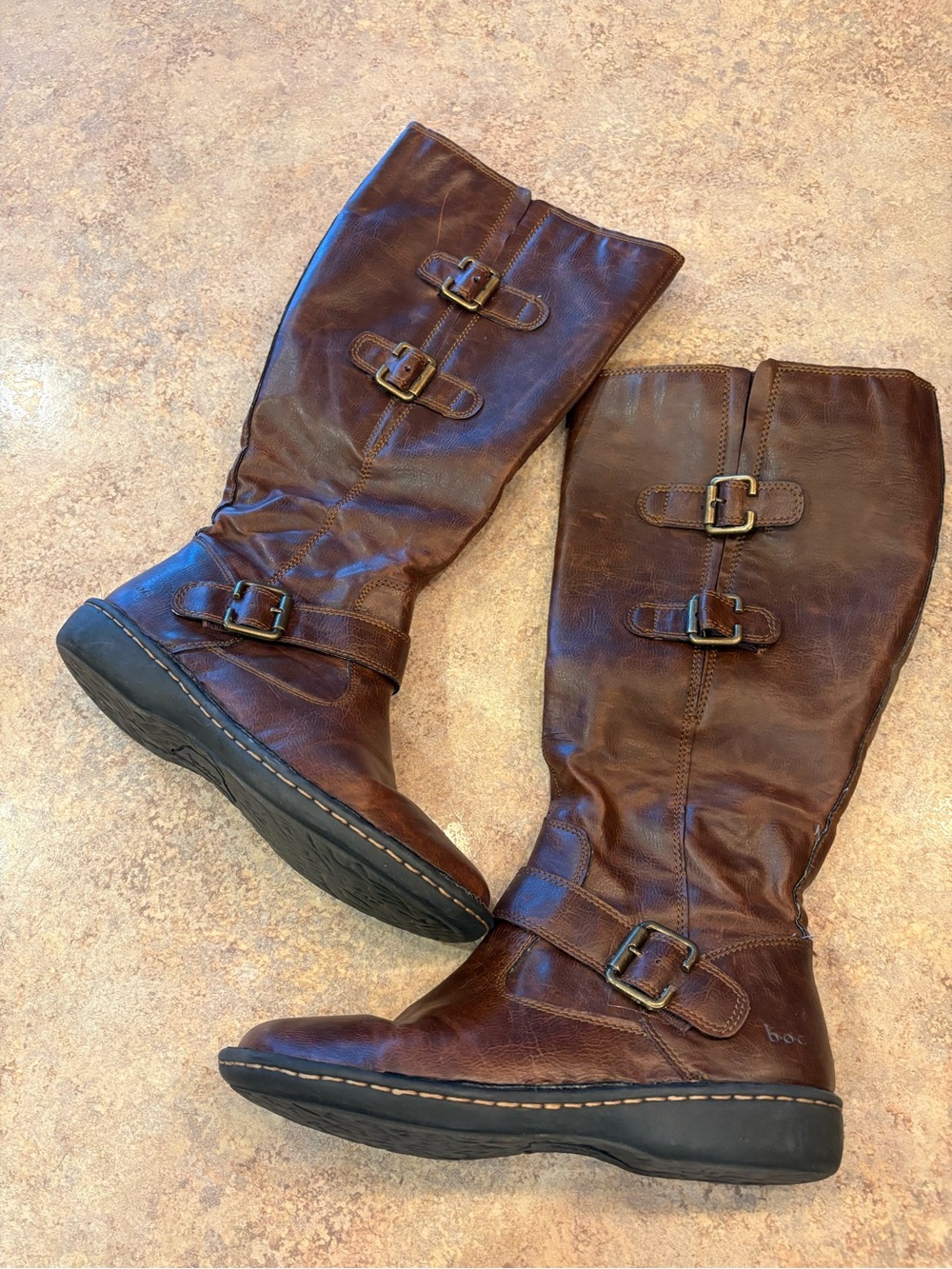 b.o.c. Chestnut Brown Mid-Calf Leather Buckle Wide Calf Boots